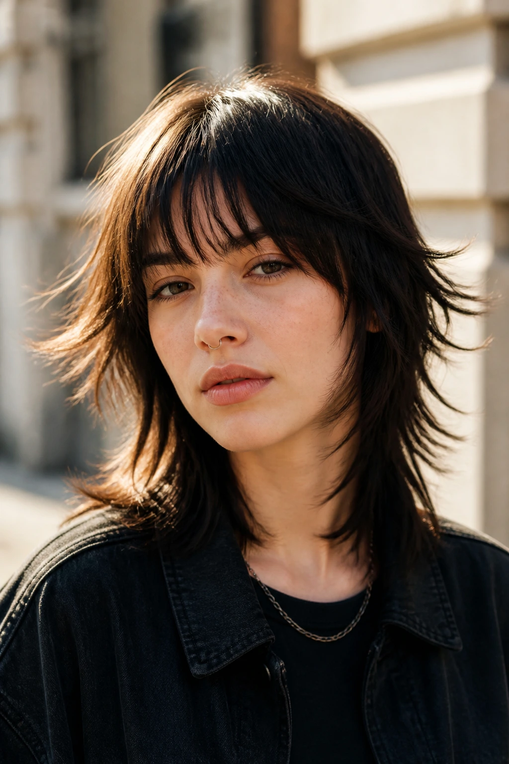 Close-up of soft mullet with feathered fringe in outdoor light