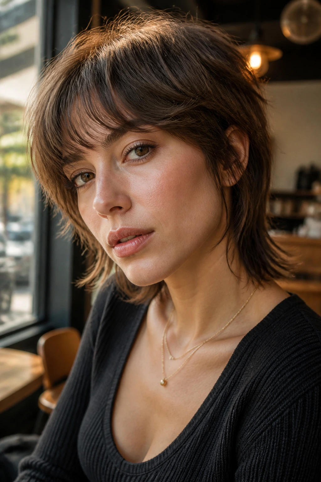 Close-up portrait of a real woman with soft mullet fringe in a cafe setting