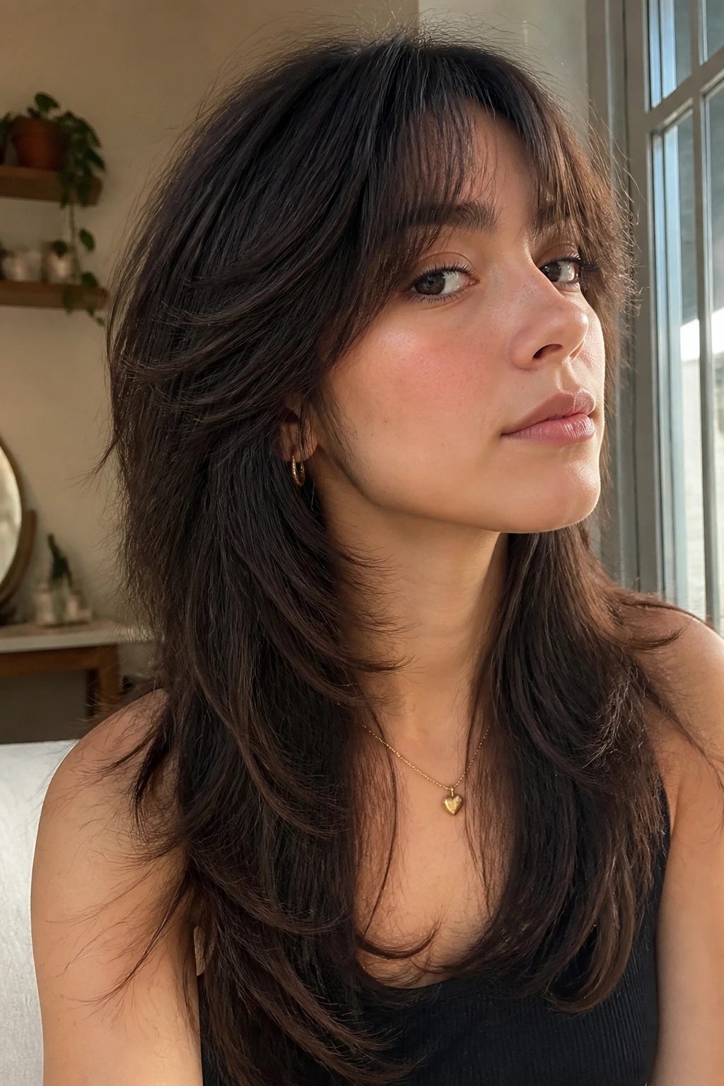Close-up portrait of a woman with a soft, feminine mullet