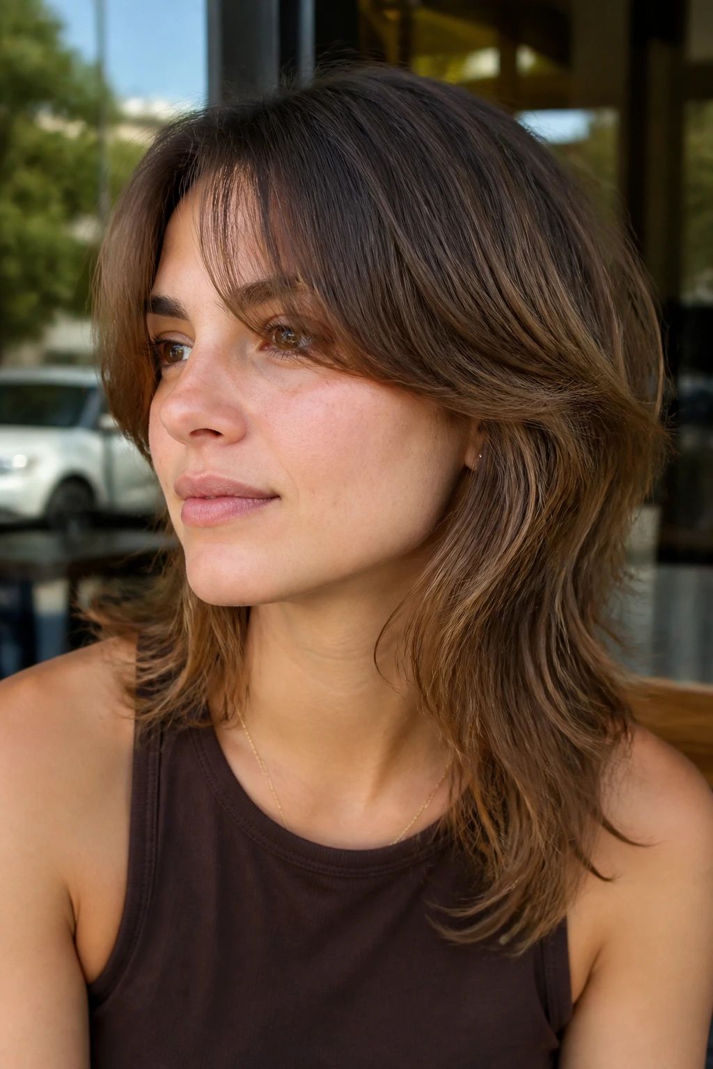 Close-up of a real person with a soft mullet and longer ends outdoors
