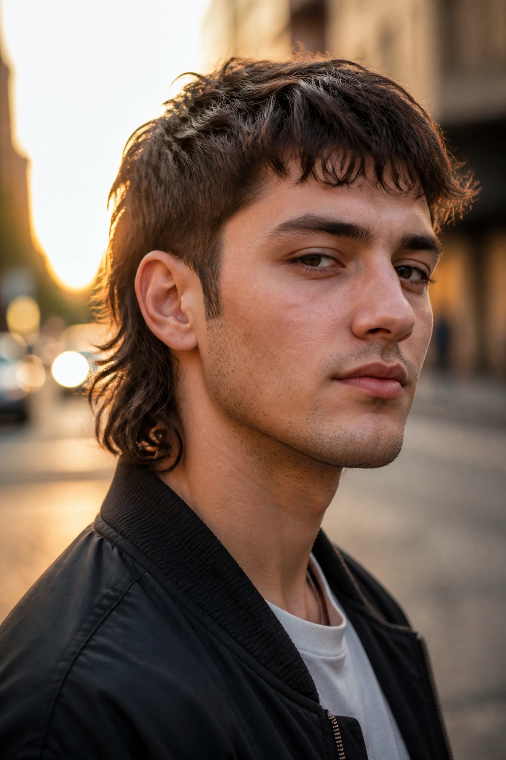 Man with soft mullet on an urban street at golden hour.