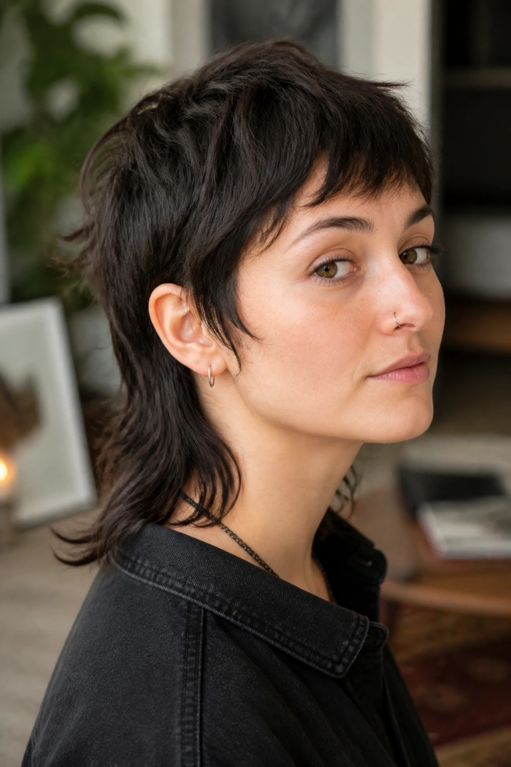 Close-up portrait of a real woman with soft mullet and noticeable nape length