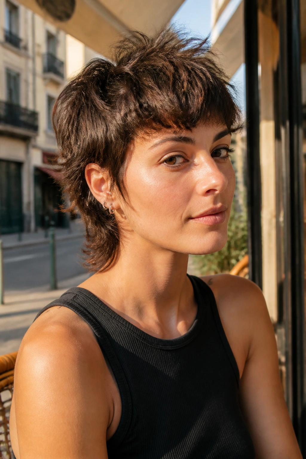 Soft Mullet Pixie portrait of a real woman with feathered back mullet silhouette
