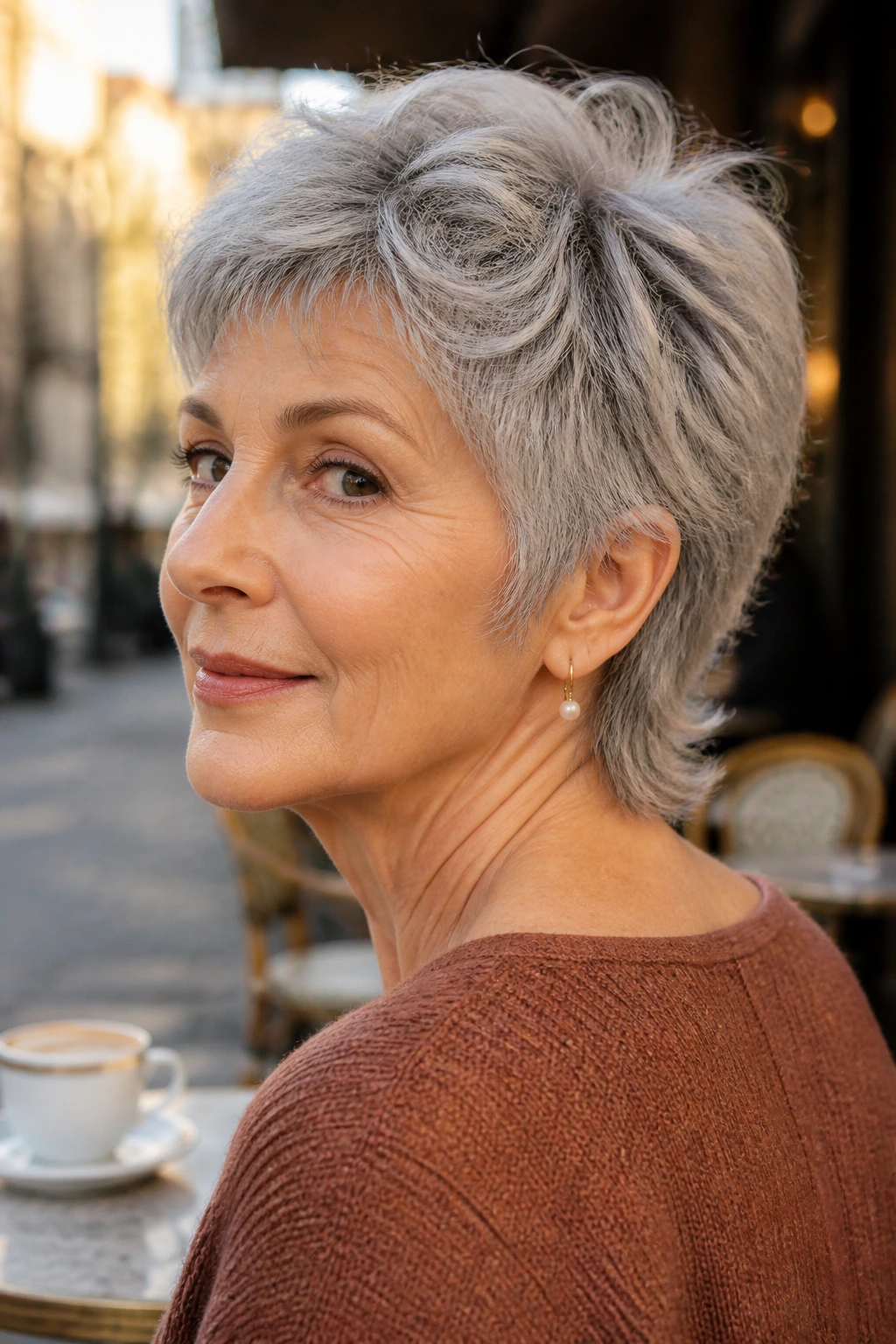 Close-up portrait of a woman with a soft mullet pixie and gentle nape length in golden-hour light.