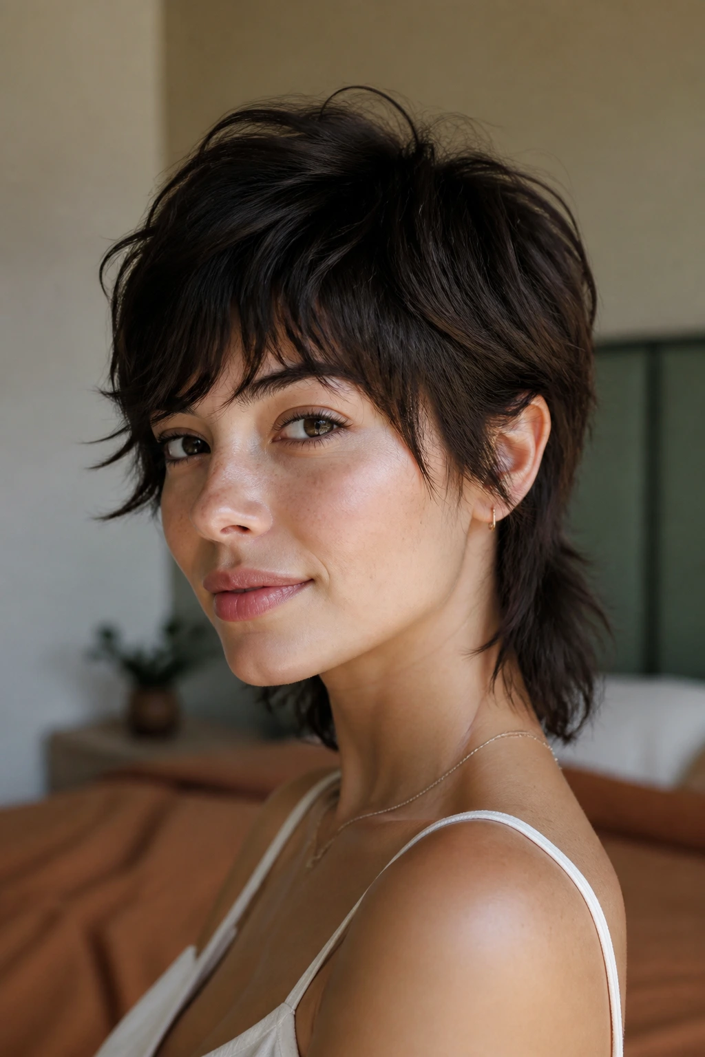 Close-up portrait of a real woman with a soft mullet pixie, neck-length back in natural window light