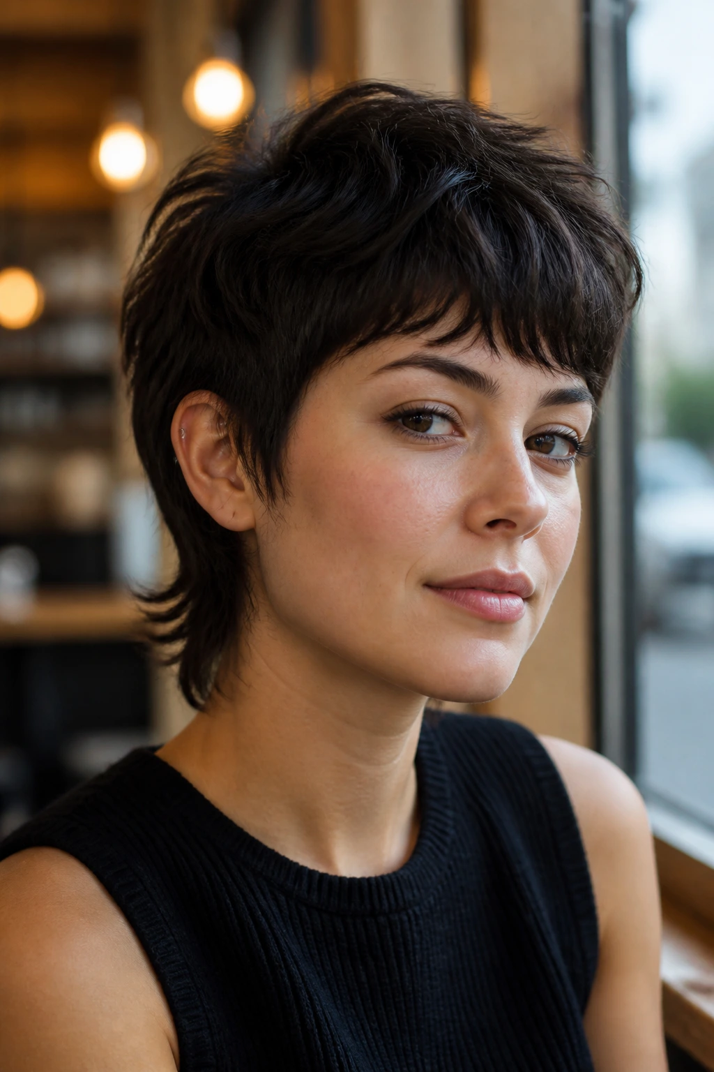 Close-up portrait of a real woman with a soft mullet pixie in a cafe setting