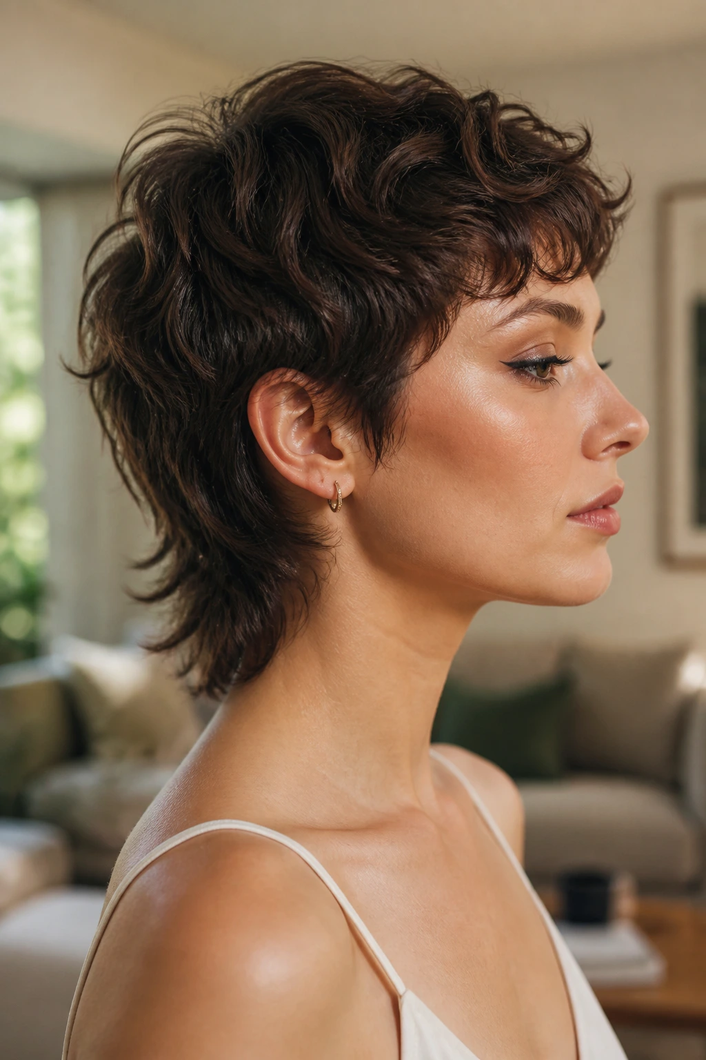 Side profile real person with soft mullet pixie hairstyle