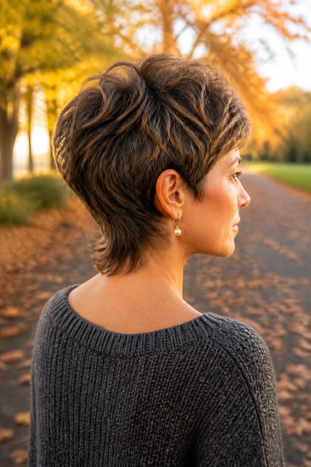 Three-quarter rear-view of a woman with soft mullet pixie in a park during golden hour