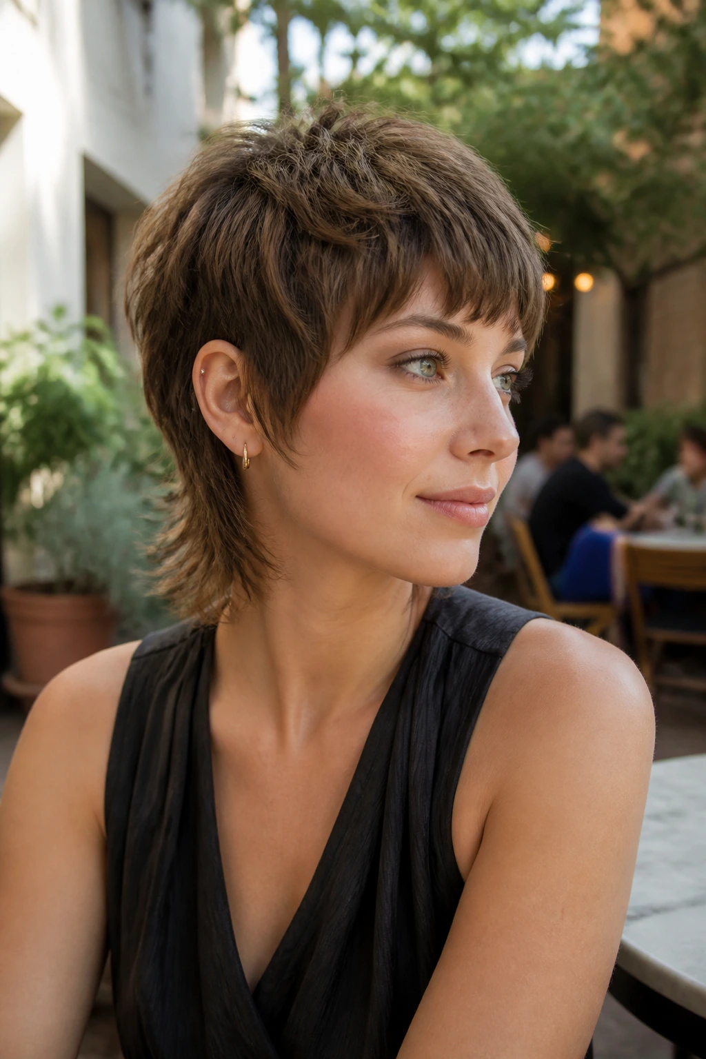Close-up portrait of a real woman with a soft mullet pixie, cropped fringe and longer feathered back.