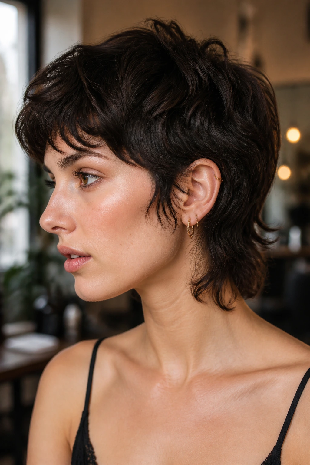 Close-up portrait of a real woman with soft mullet pixie and wavy nape