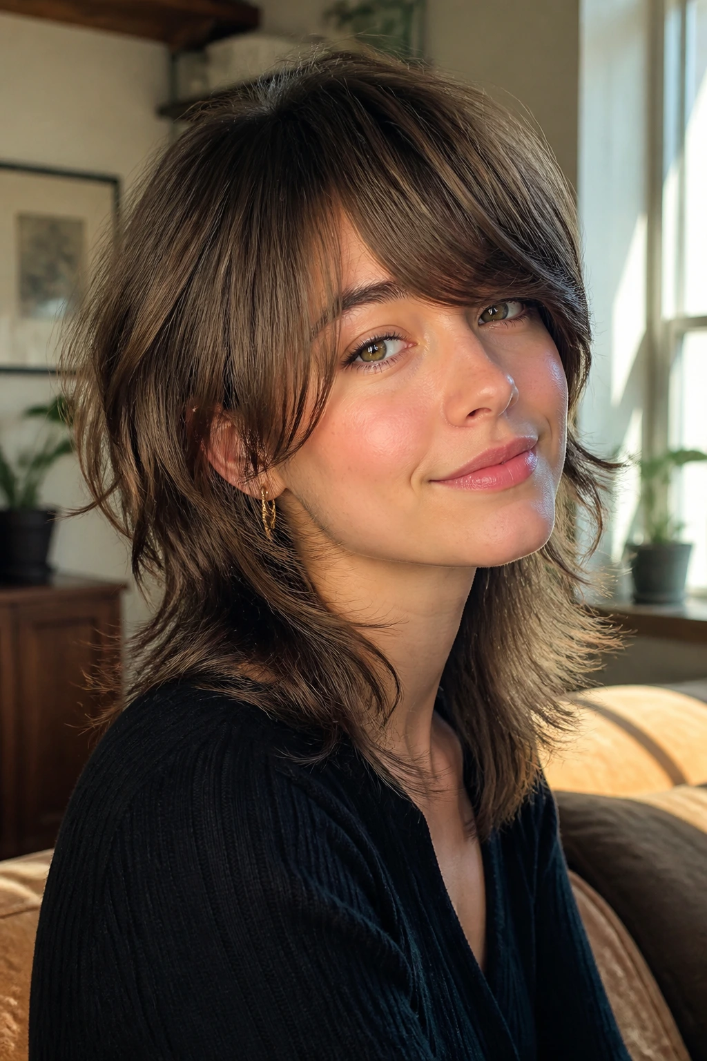 Close-up portrait of a woman with side bangs and a soft mullet in warm window light