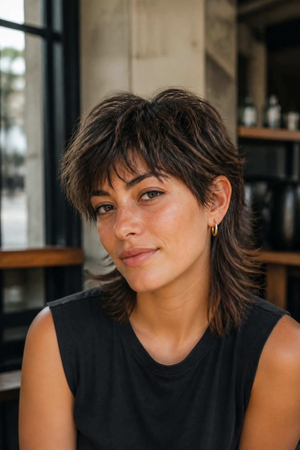 Close-up portrait of a person with a soft mullet hairstyle