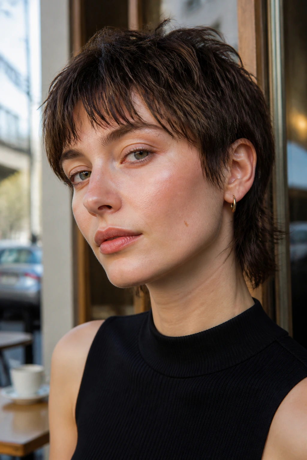 Portrait of a person with a soft mullet hairstyle.