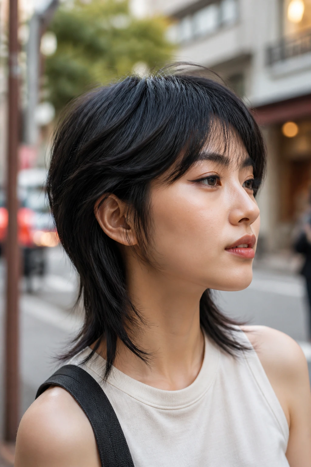 Portrait of a person with a soft mullet hairstyle