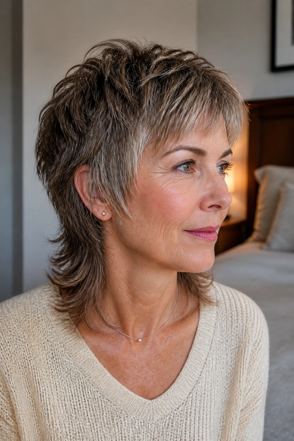 Close-up portrait of a real woman with a soft mullet in warm daylight