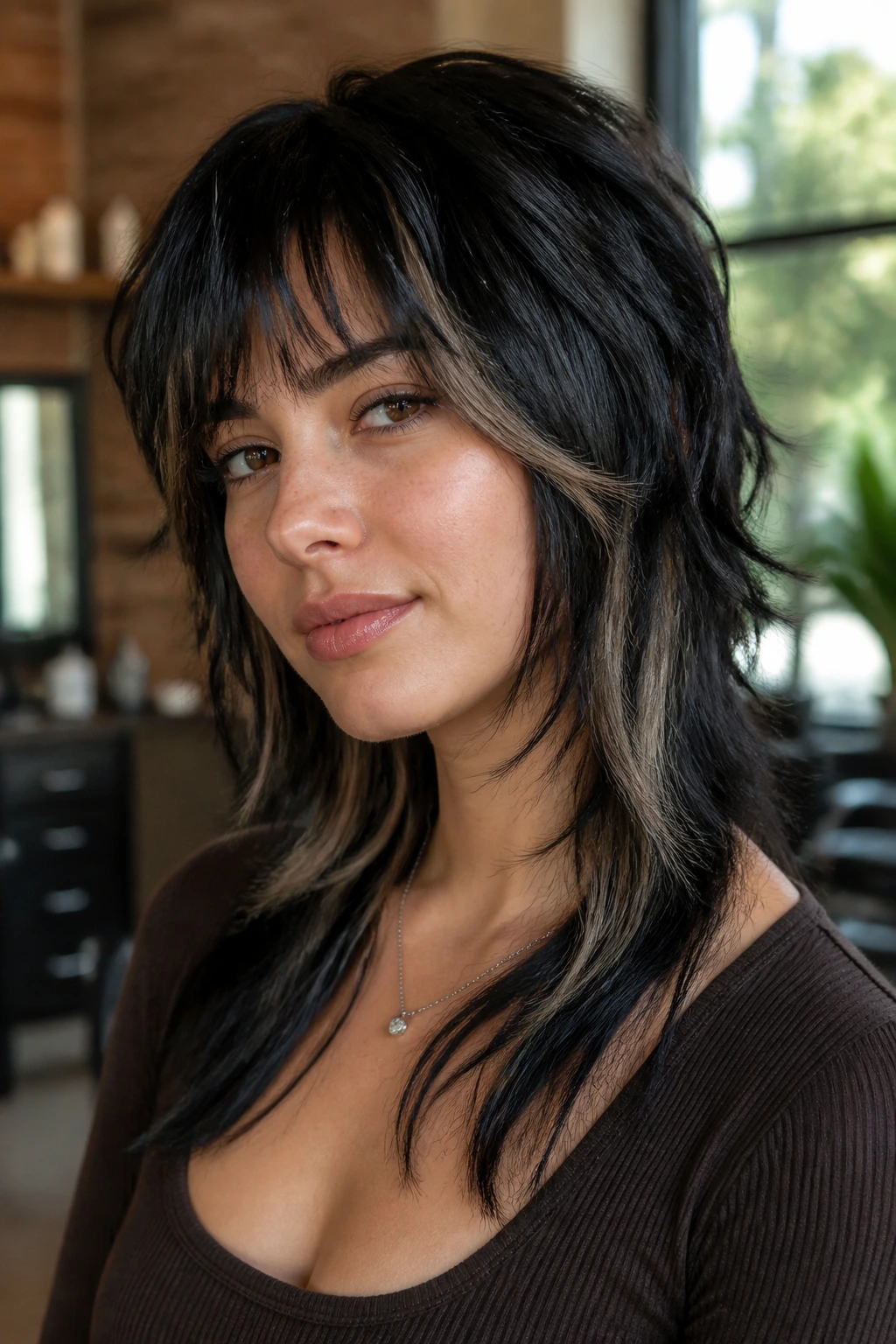 Close-up portrait of a real woman with a soft black mullet and ribbon highlights