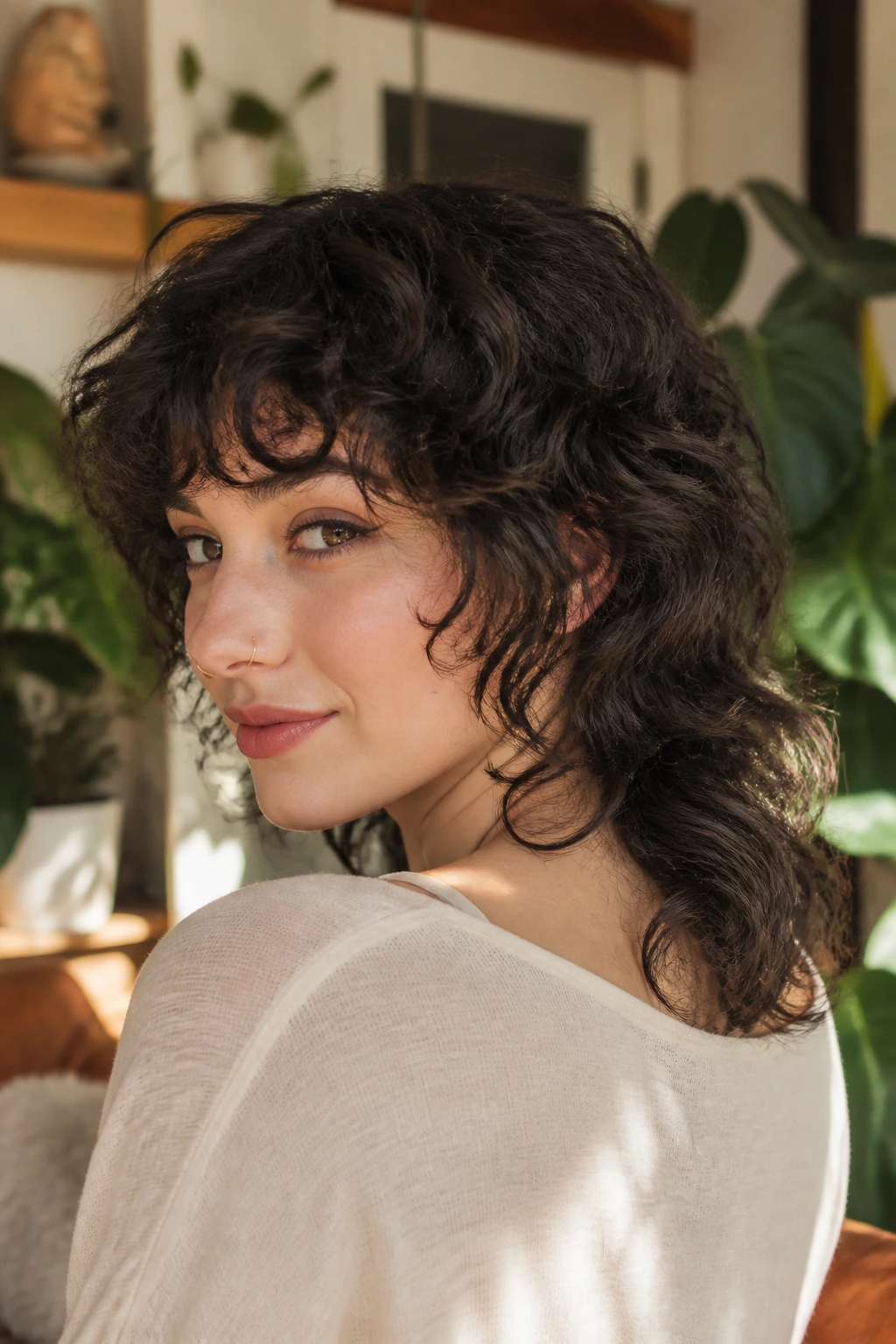 Close-up of real woman with soft mullet shag showing short front and longer back