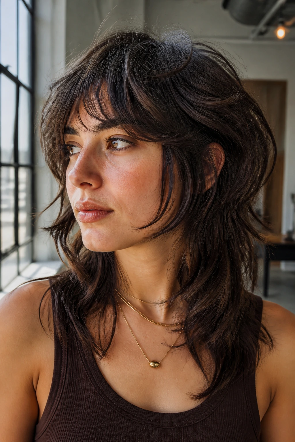 Real person with soft mullet-stack shag in an urban loft