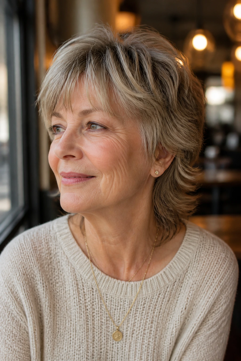 Portrait of a real woman with soft mullet shag hairstyle