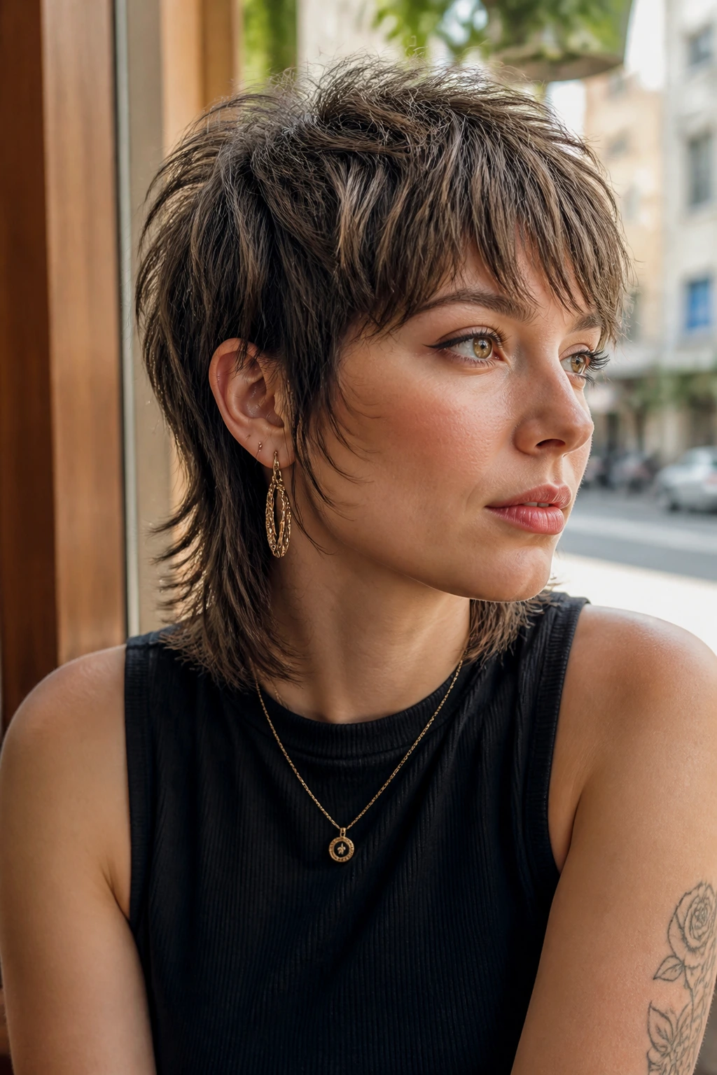 Close-up portrait of a real person with a soft modern mullet shag, short crown and rounded back.