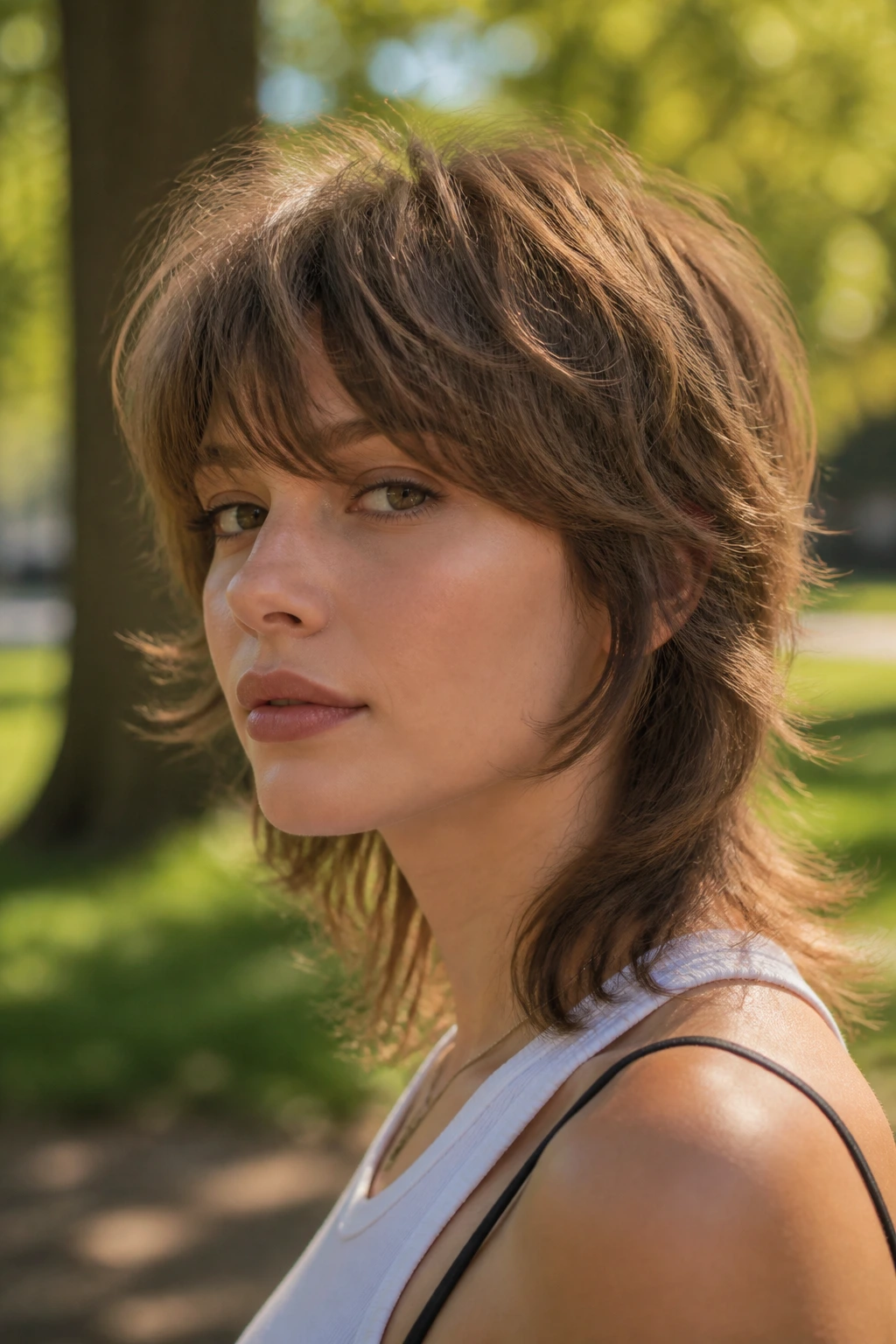 Close-up of a real woman with a soft mullet shag in a sunlit outdoor setting