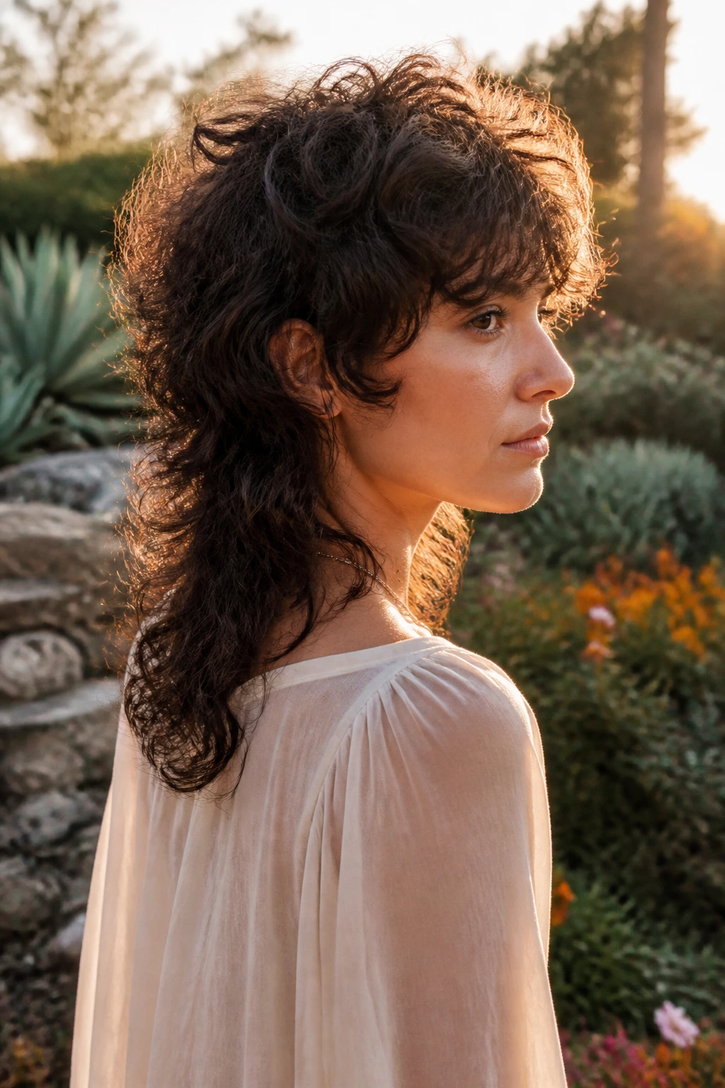 Three-quarter back view of a real person with soft mullet shag