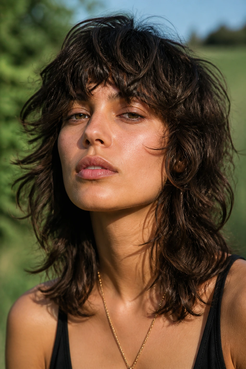 Portrait of a person with edgy soft-mullet shag in boho variation
