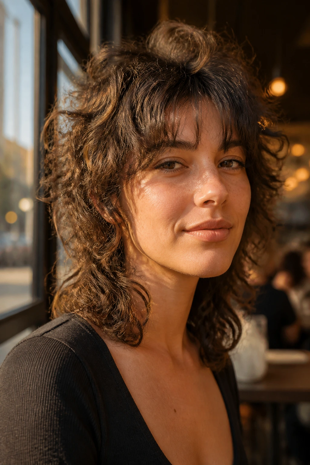 Close-up portrait of a real person with a soft mullet shag and split fringe