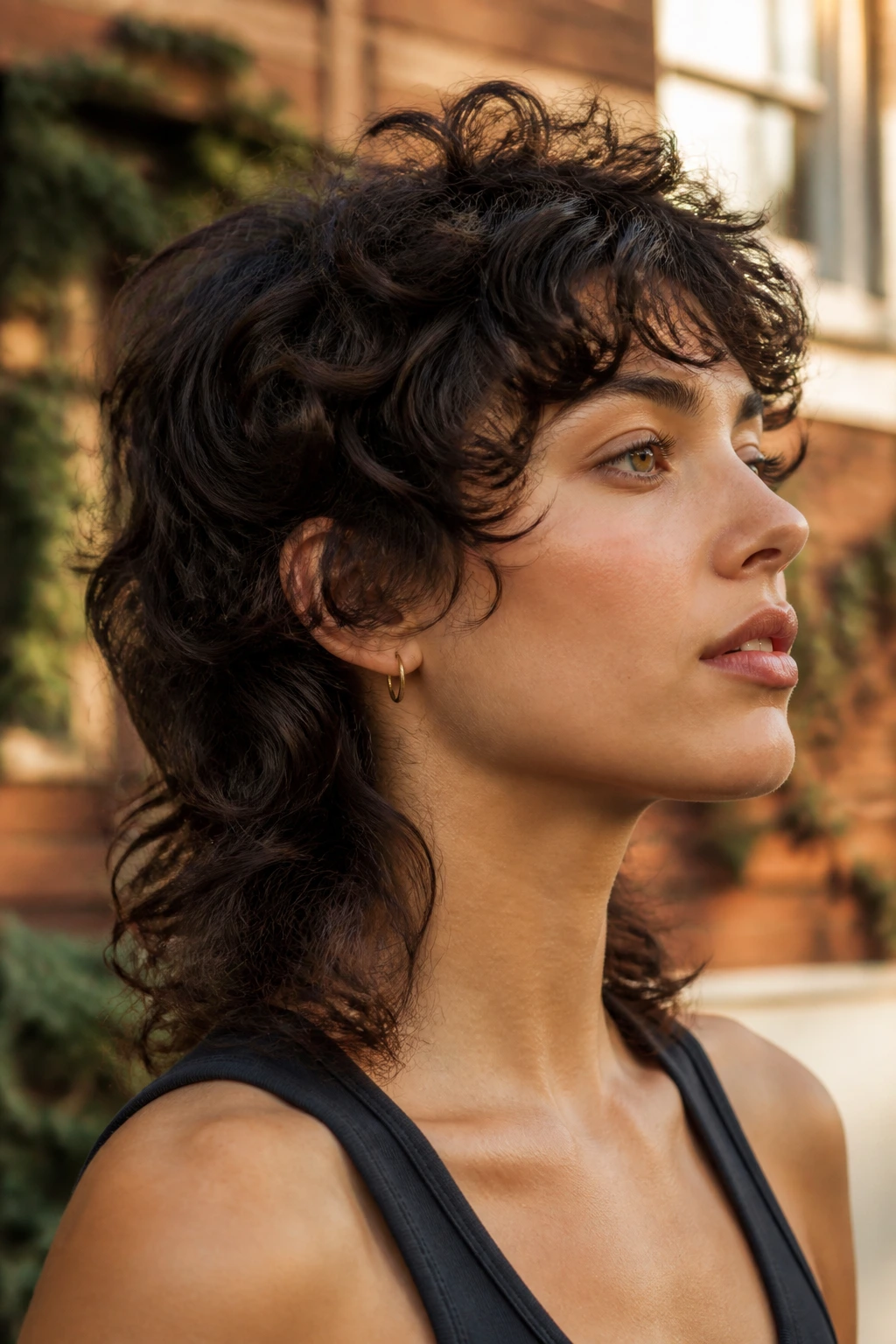 Portrait of a real person with a soft mullet shag showing shorter top and longer back.