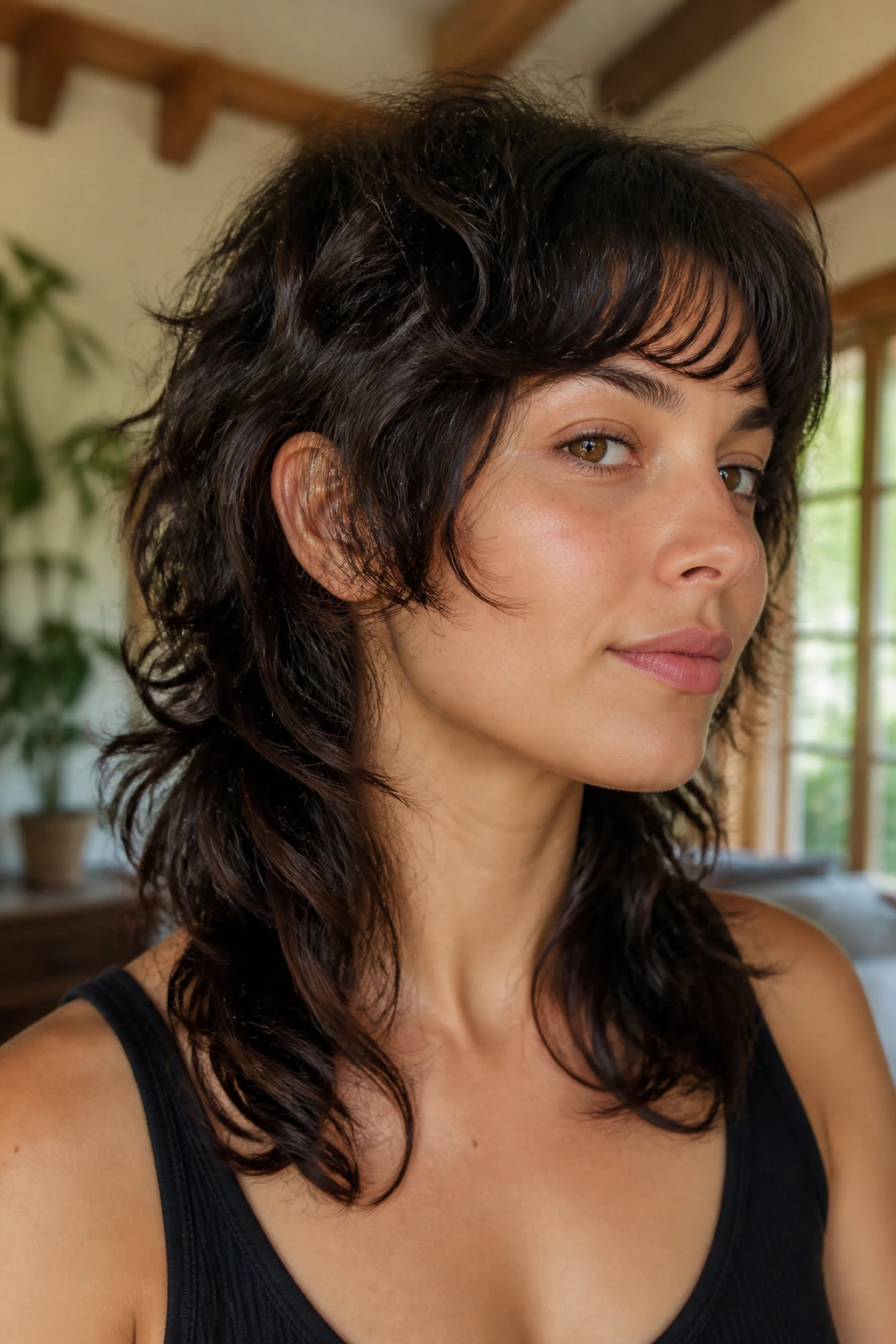 Close-up portrait of a real person with a soft mullet shag showing longer back and shorter crown