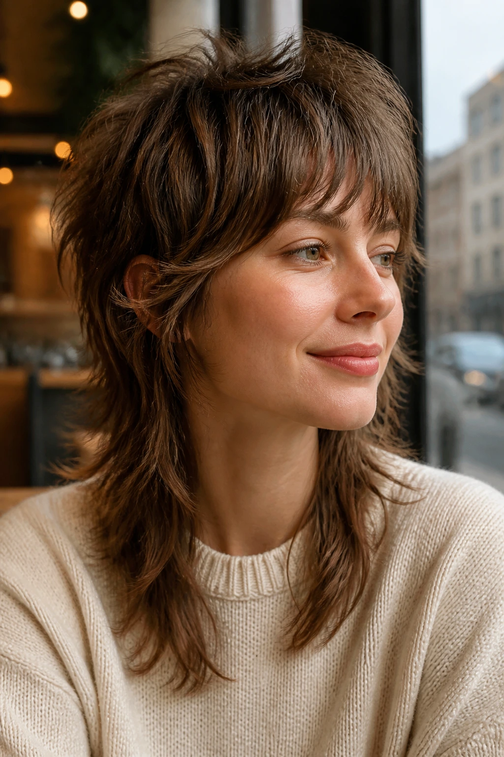 Portrait of a person with soft mullet shag for fine hair in a cafe setting