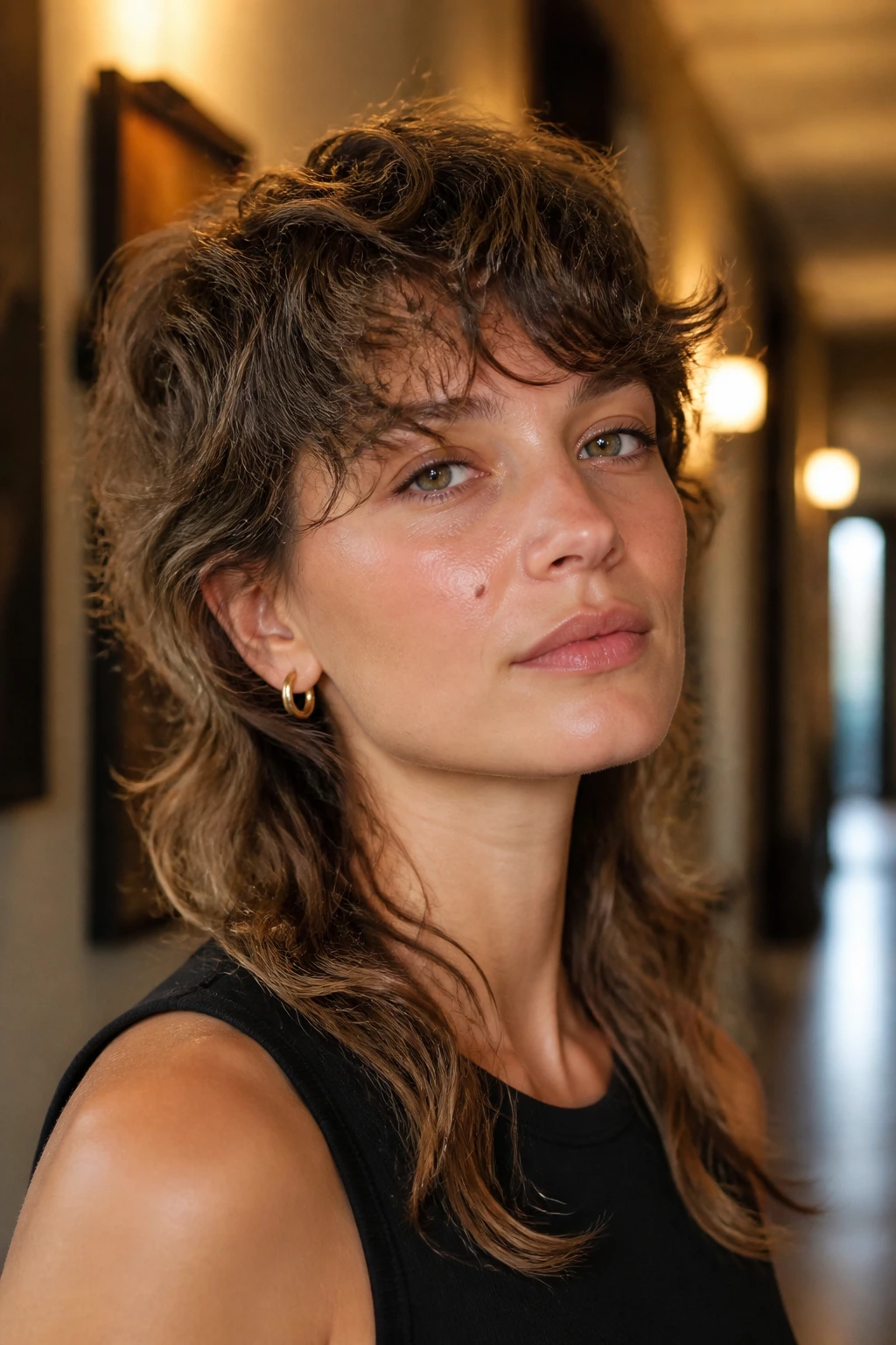 Close-up of a real woman with soft mullet shag hairstyle