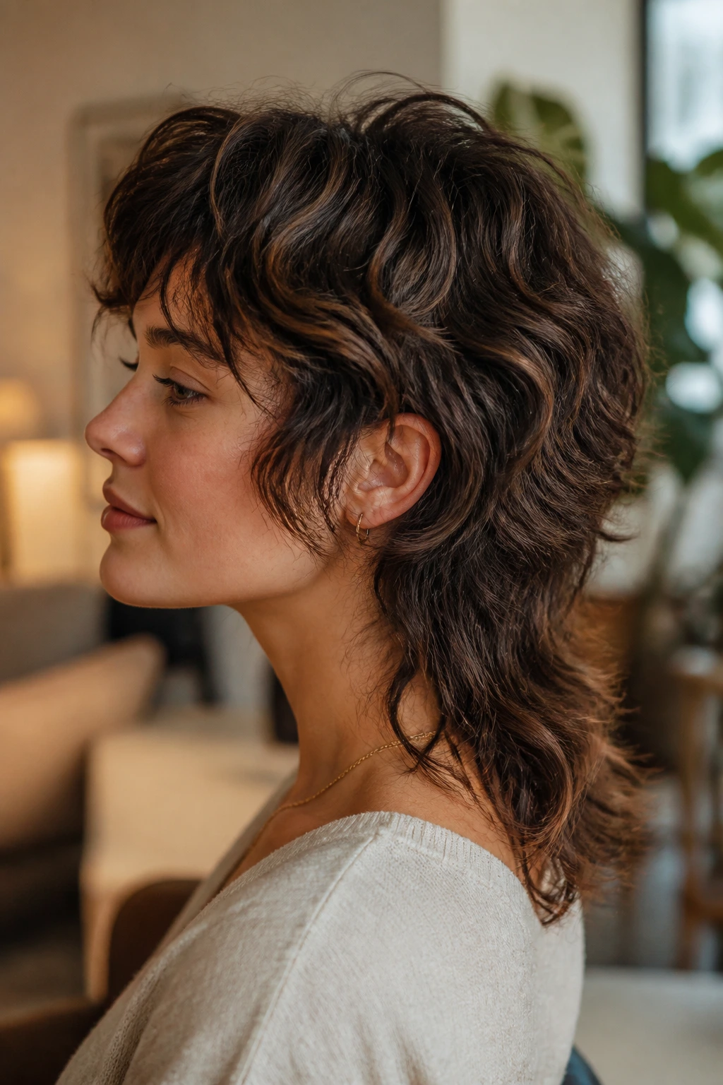 Side-profile of real woman with soft mullet shag longer nape