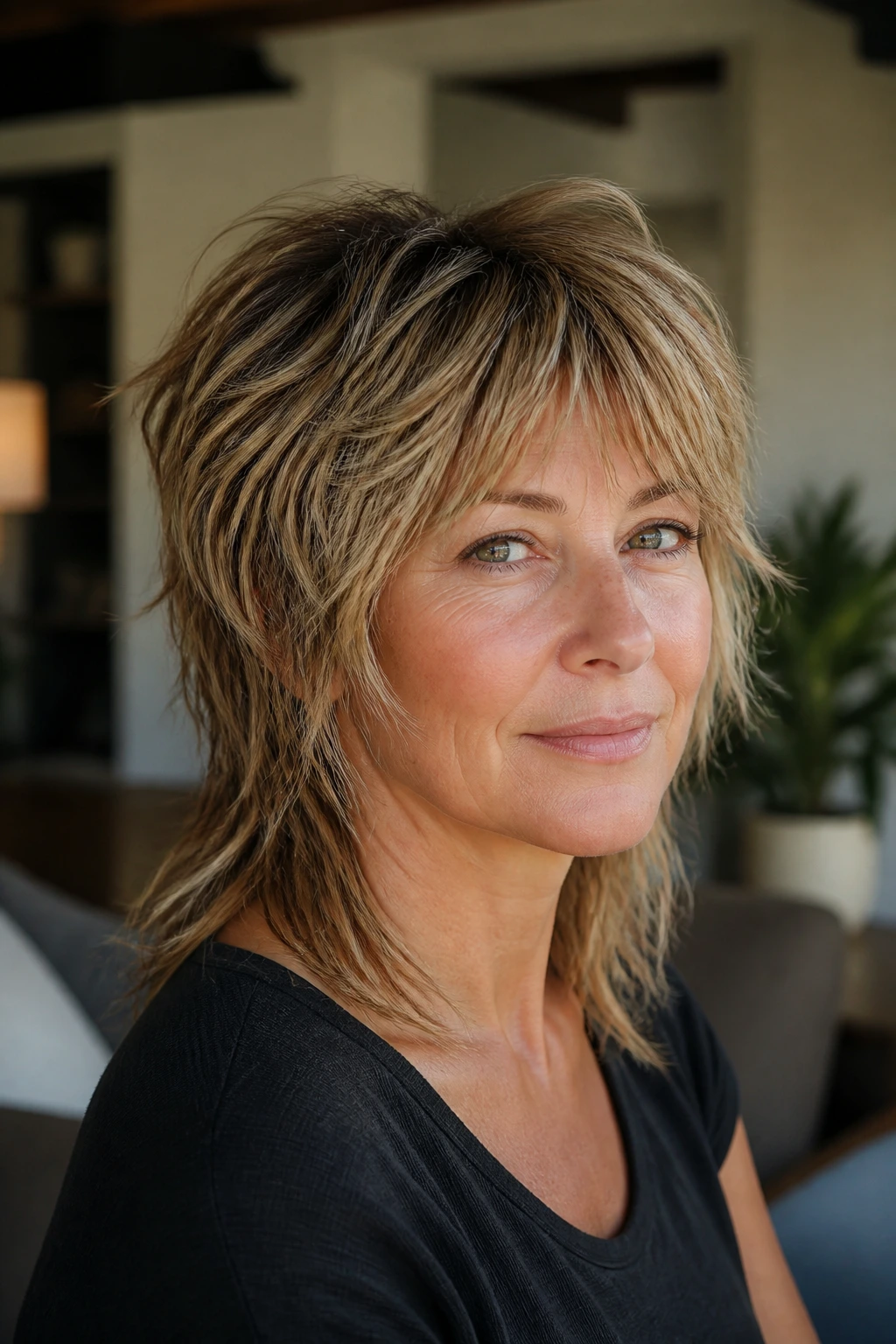 Close-up of a real woman with soft mullet shag showing gentle face framing and longer back