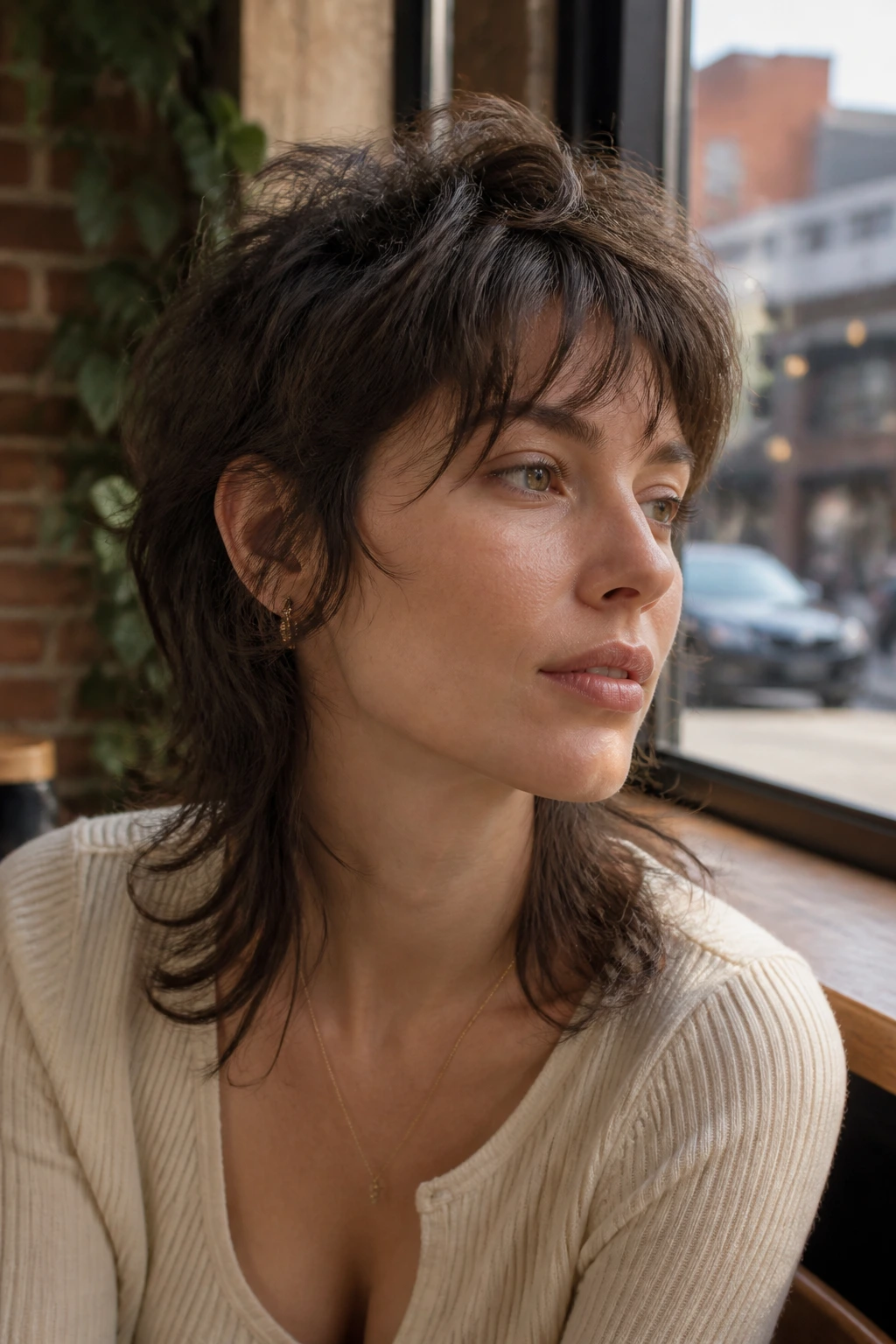 Portrait of a real person with soft mullet shag showing fuller top and longer back