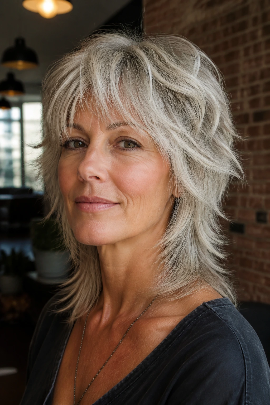 Real woman with soft mullet shag featuring longer nape and feathered front layers.