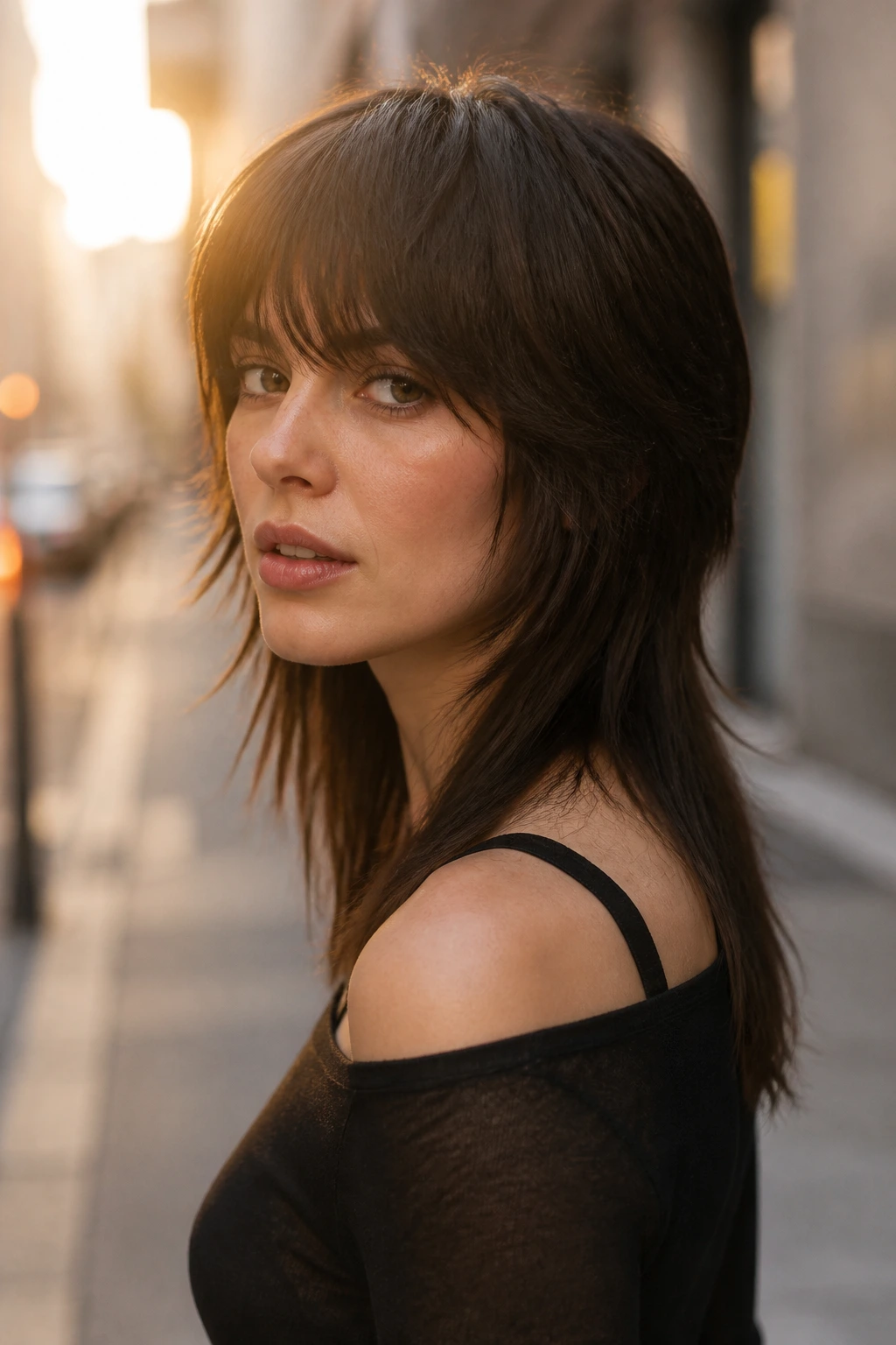 Close-up of a real woman with Soft Mullet Shag With Straight Ends showing longer back and straight ends