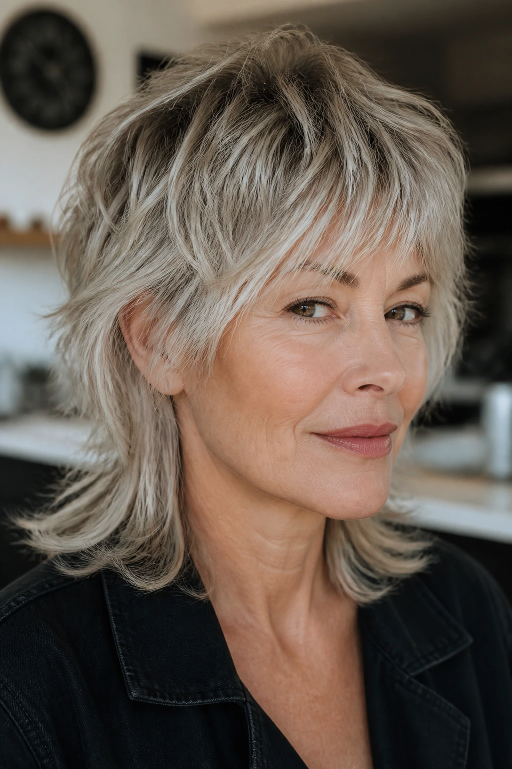 Portrait of an older woman with a soft mullet shag, front short and back longer.