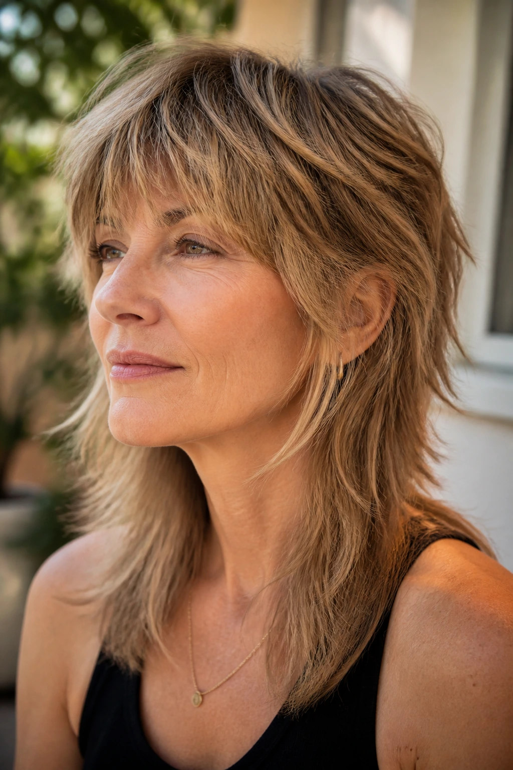 Close-up portrait of a real woman with soft mullet shag showing longer back and shorter front layers.