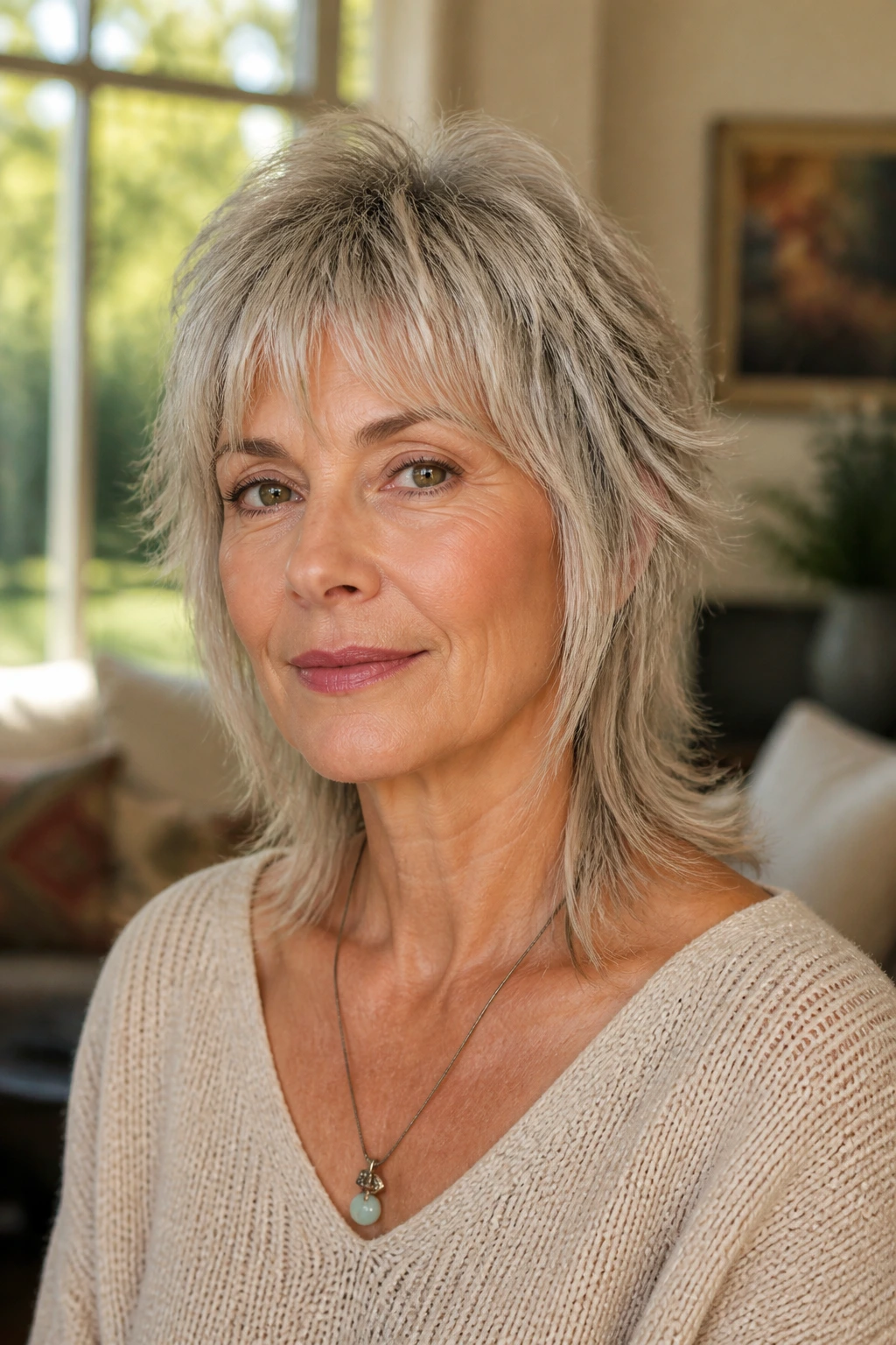 Close-up portrait of a woman with a soft mullet and modern shag shape in warm window light