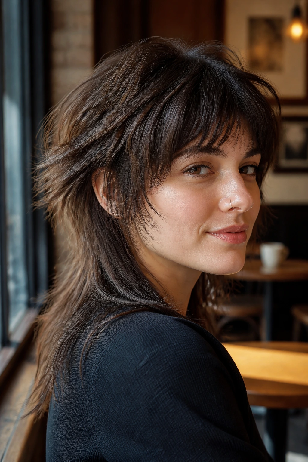 Close-up portrait of a real woman with soft mullet shag showing longer back and shorter front