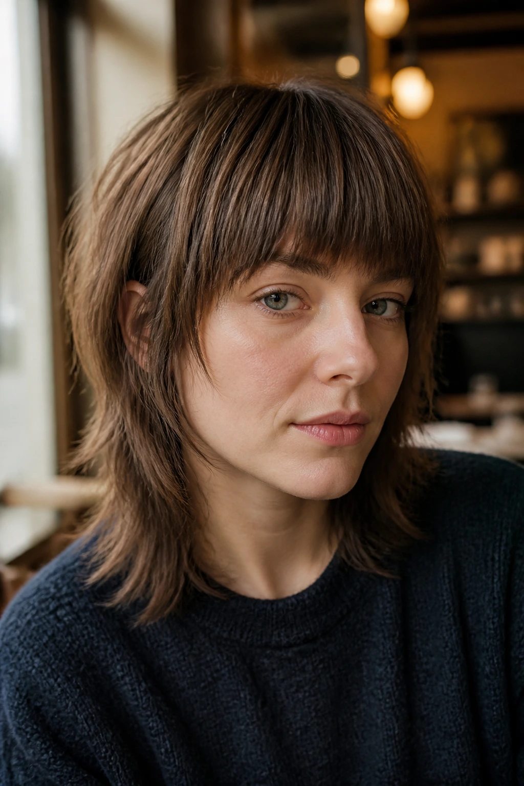 Close-up portrait of a real woman with soft mullet shag and straight fringe in a cozy setting