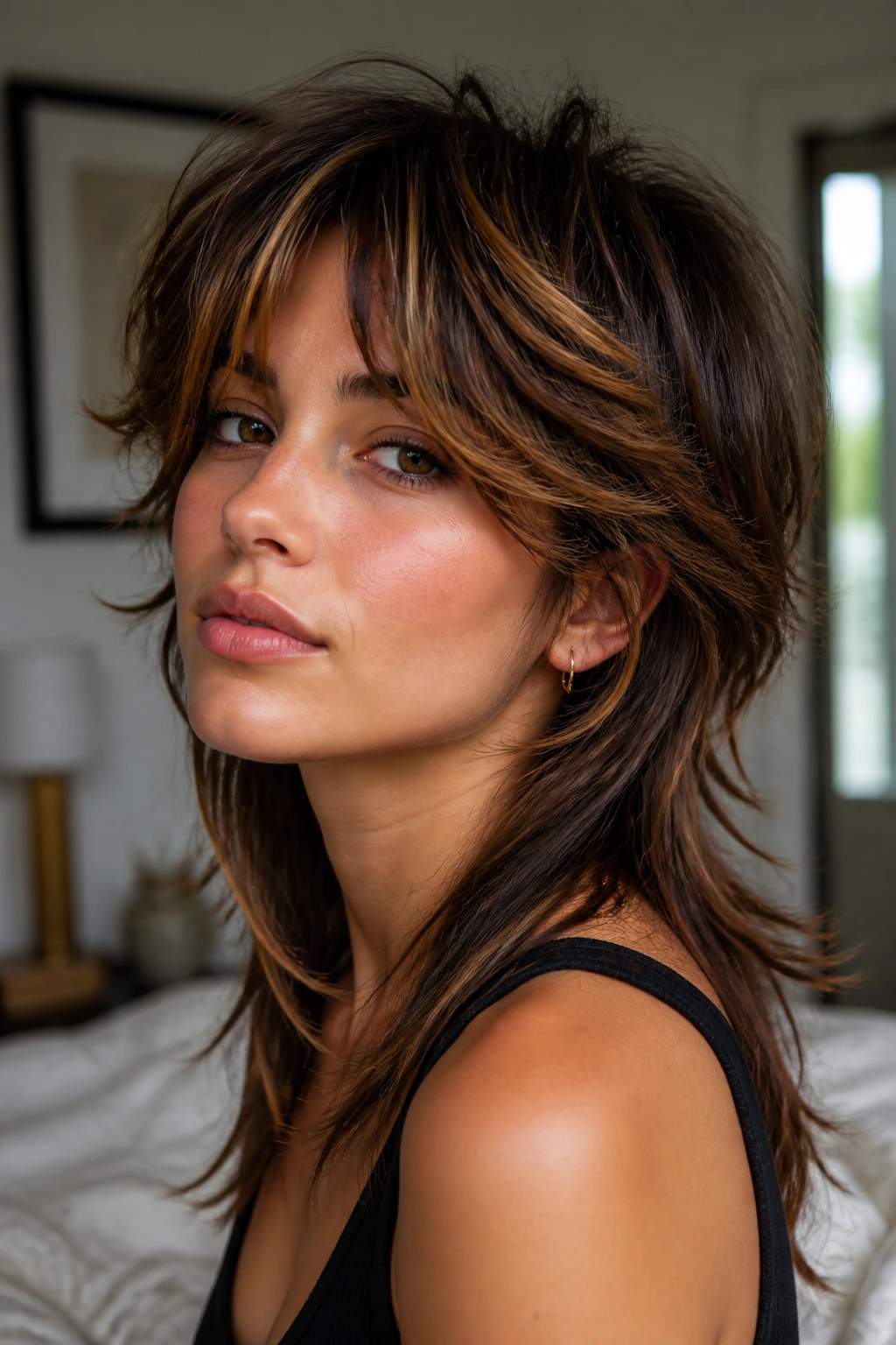 Close-up brunette with soft mullet shag toffee highlights