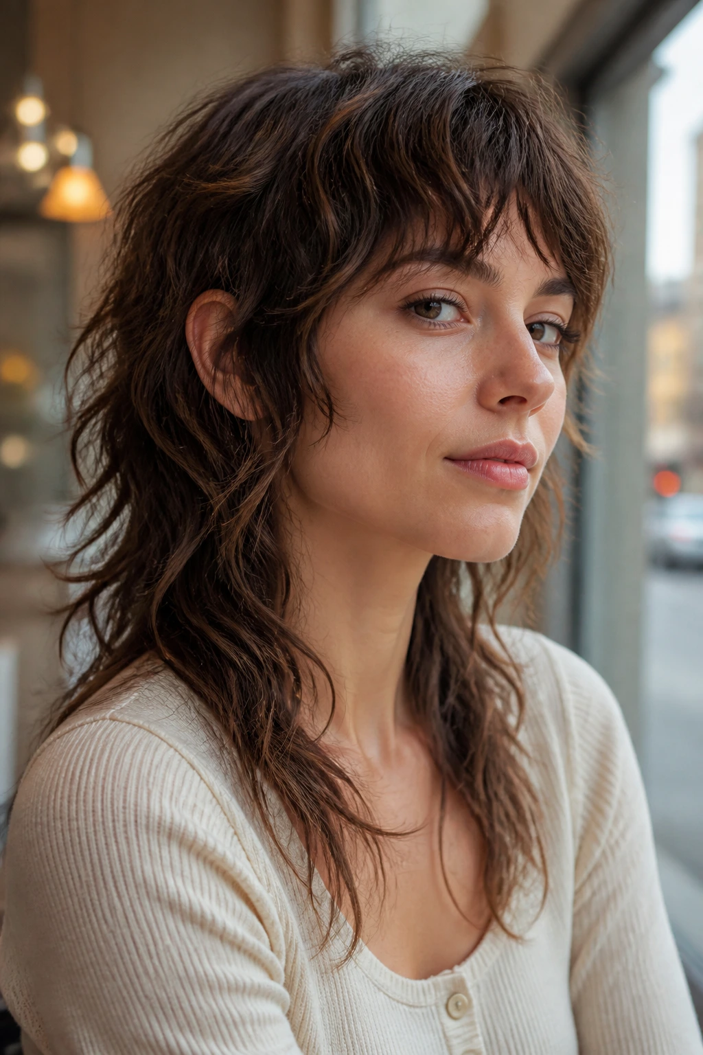 Portrait of woman with soft mullet shag; front short, back long