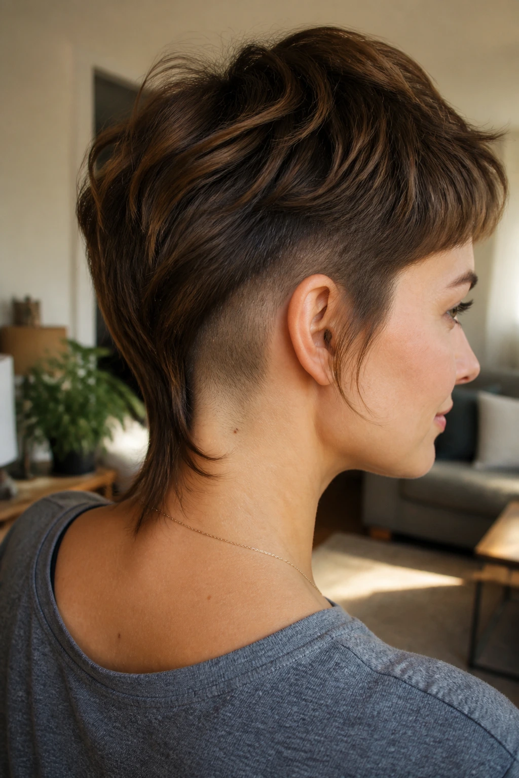 Close-up portrait of a real person with soft mullet and shaved nape hairstyle