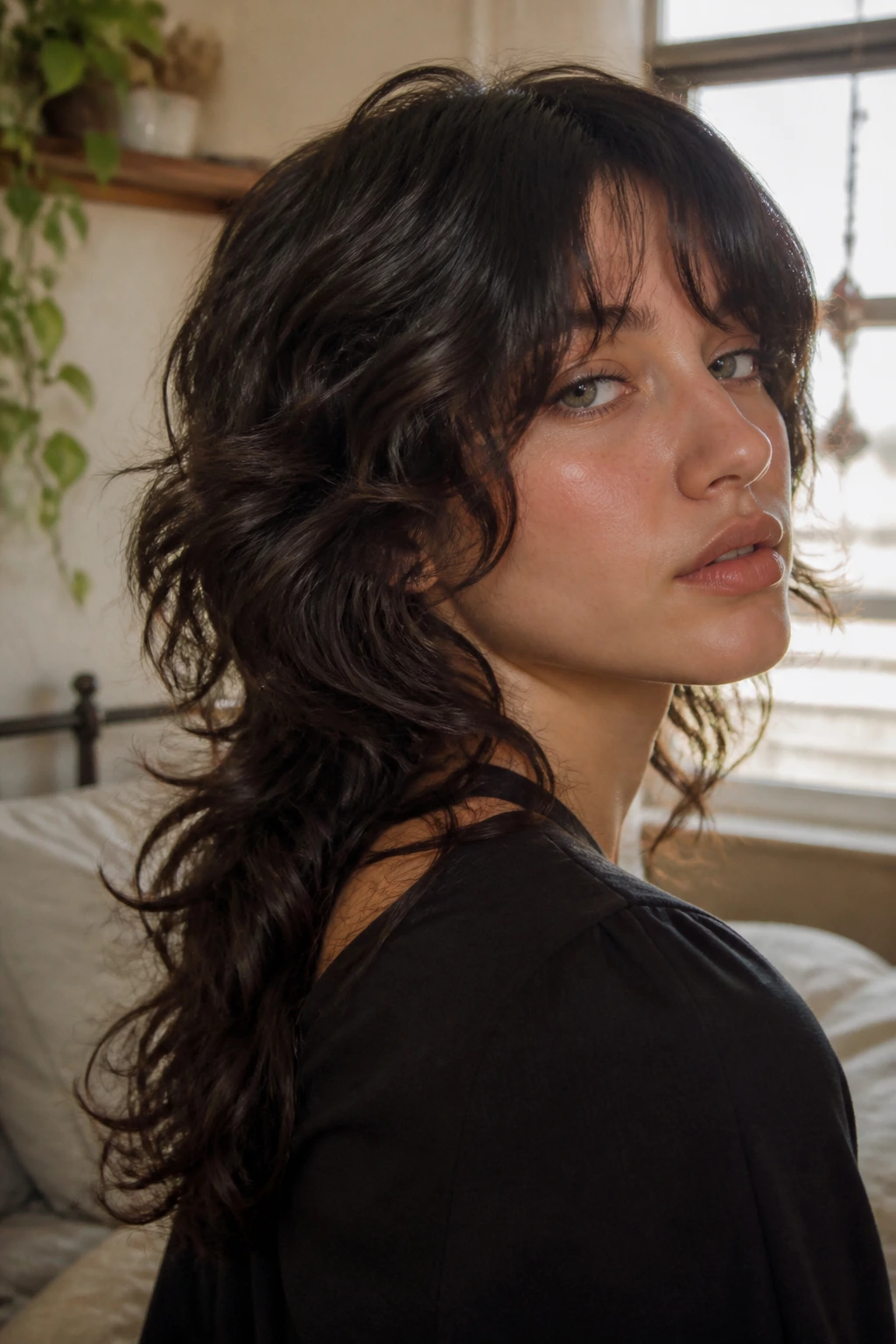 Close-up portrait of a real person with soft mullet tail hairstyle and thick waves in natural window light