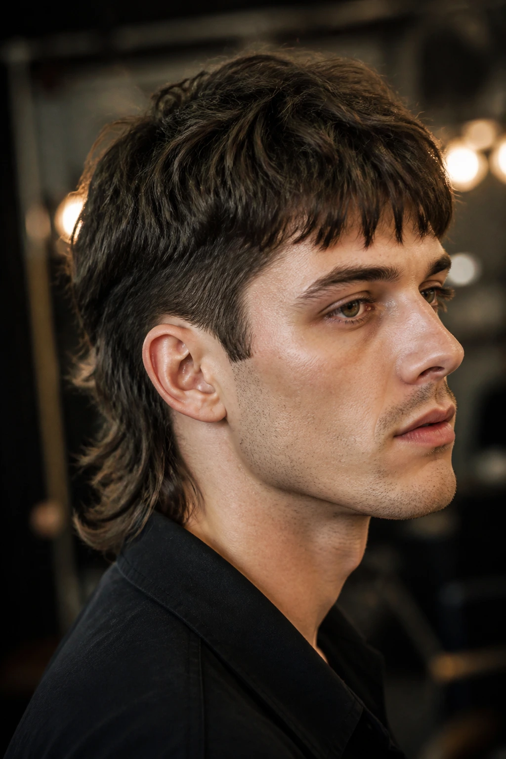Man with soft mullet and tapered neck in a vintage setting