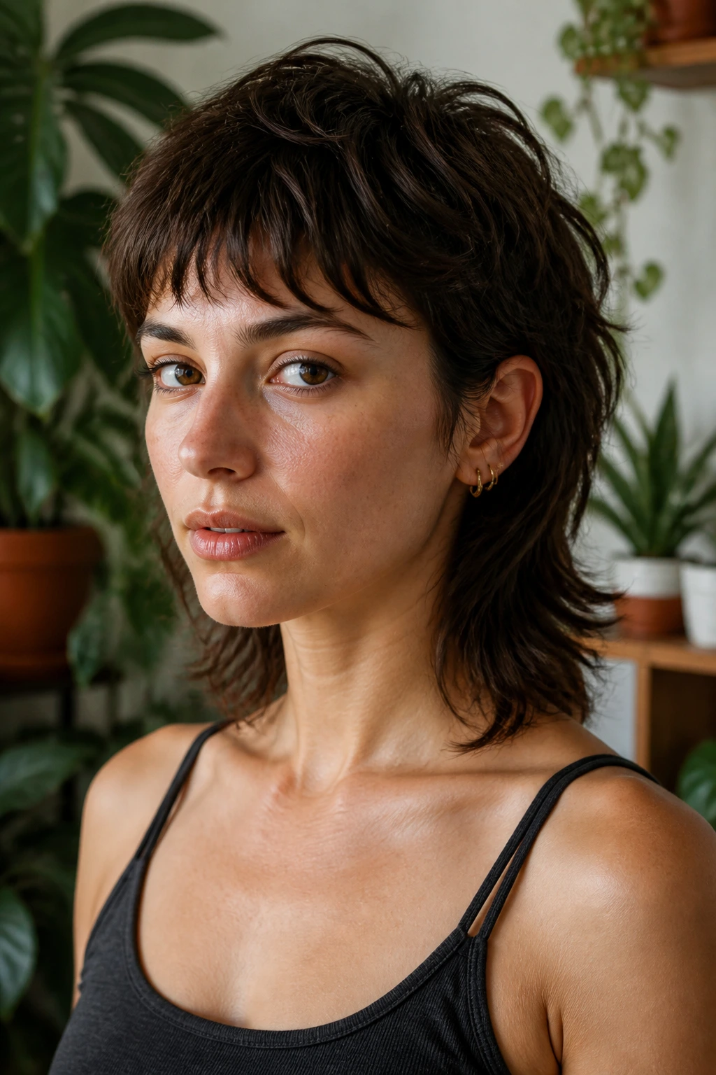 Portrait of a woman with a soft mullet in a cozy home setting