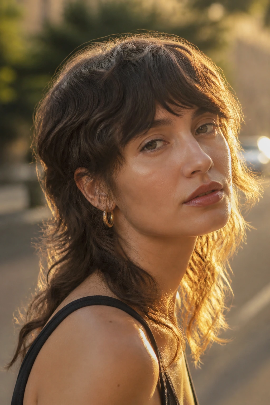 Close-up portrait of a real person with a soft mullet outdoors in golden hour light.
