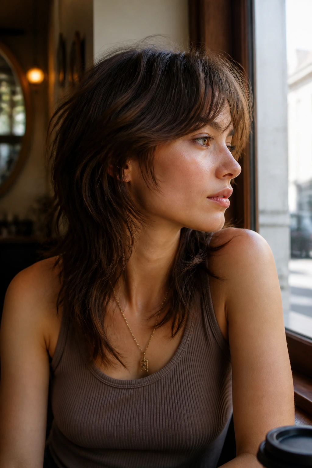 Close-up portrait of a real woman with a soft mullet wolf cut in cafe daylight